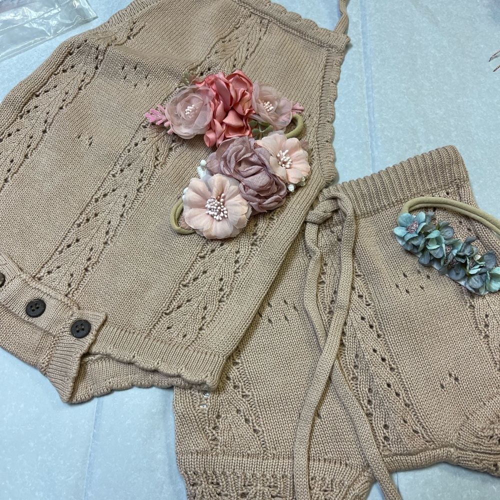 Beige Knit Two-Piece Set with Floral Accents
